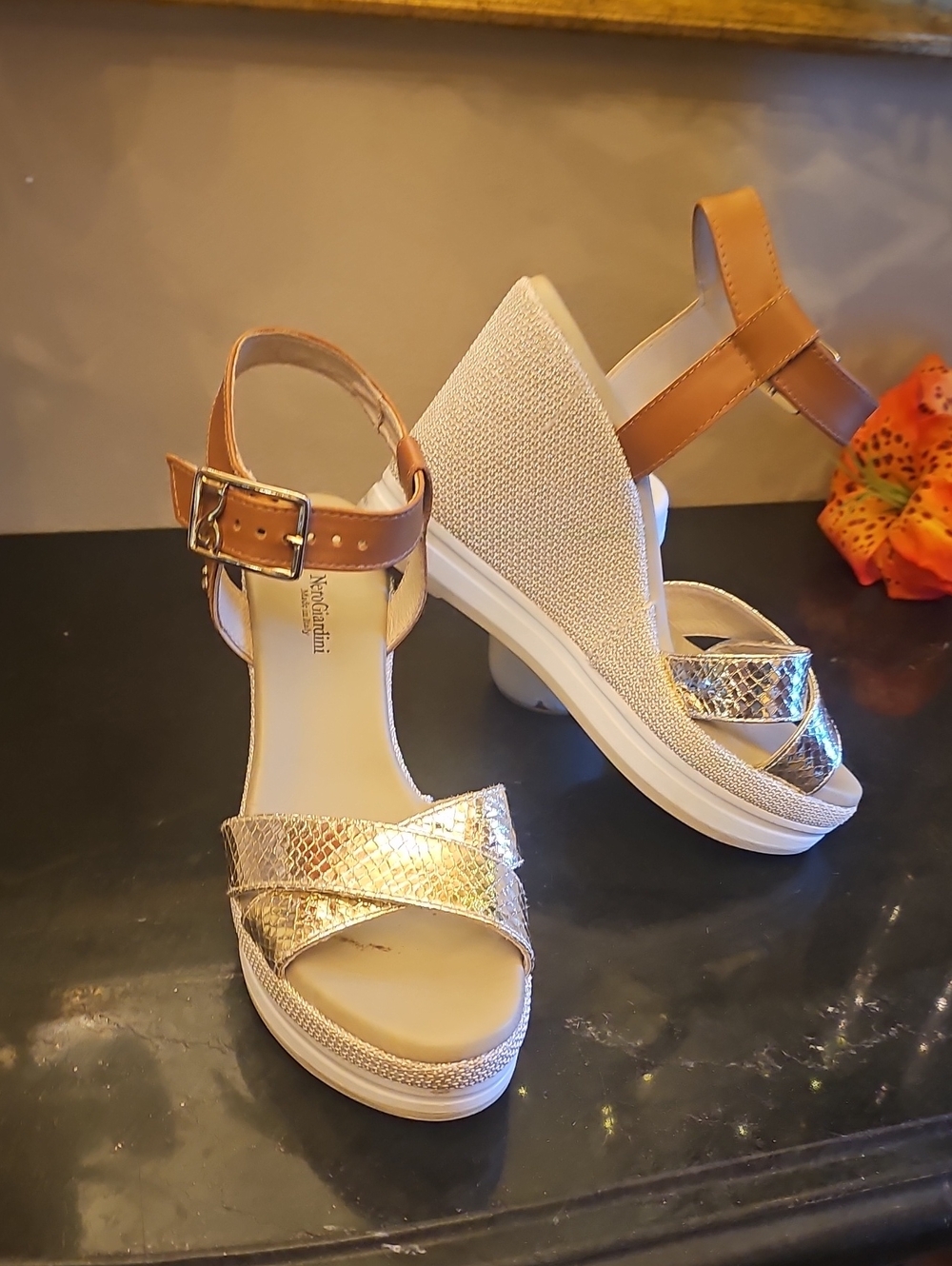 Nero Giardini Gold and Tan Wedge Sandals